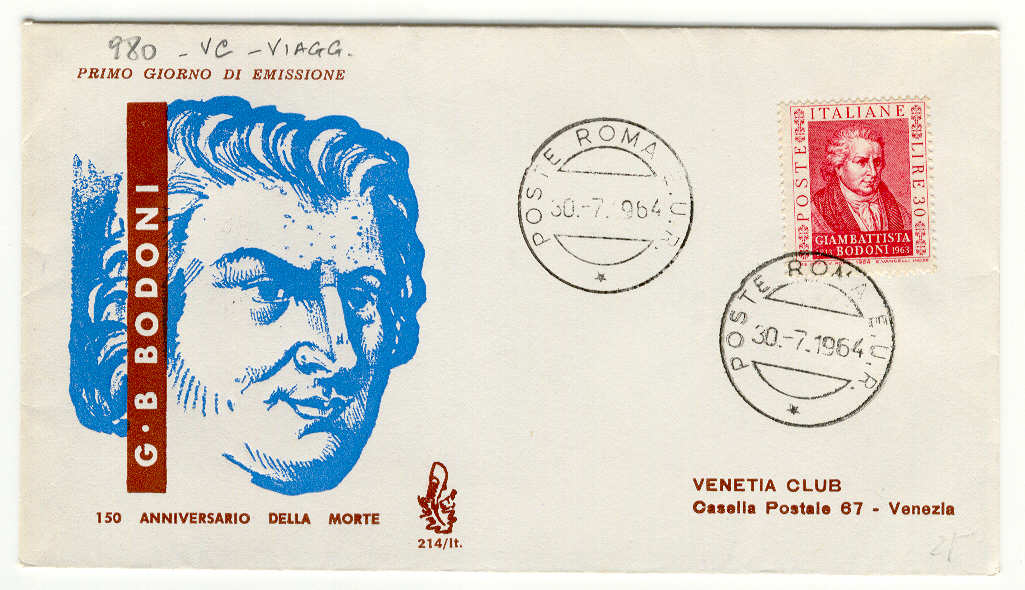 37458 - Italia - busta fdc con serie completa: 150 anniversario della morte di G. B. Bodoni - tipografo