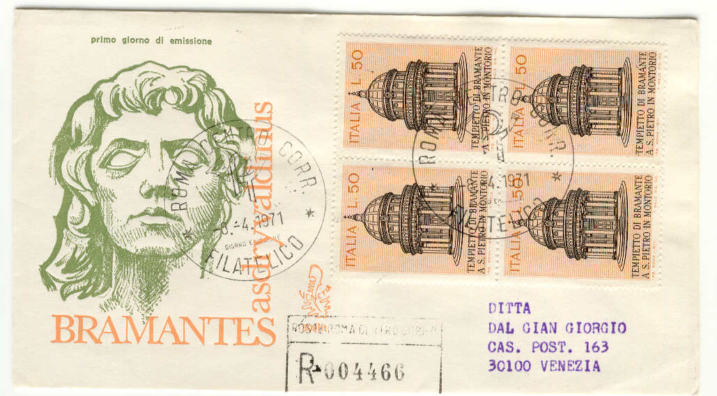 37463 - Italia - busta fdc con serie completa in quartina: Tempietto di San Pietro in Montorio del Bramante