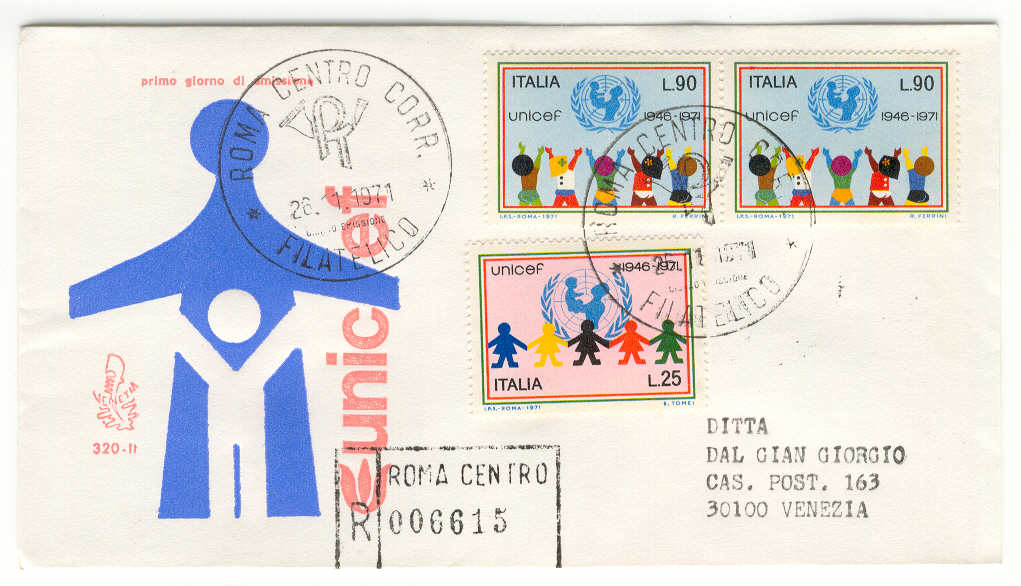 13474 - Italia - busta fdc con serie completa: 25 anniversario dell UNICEF