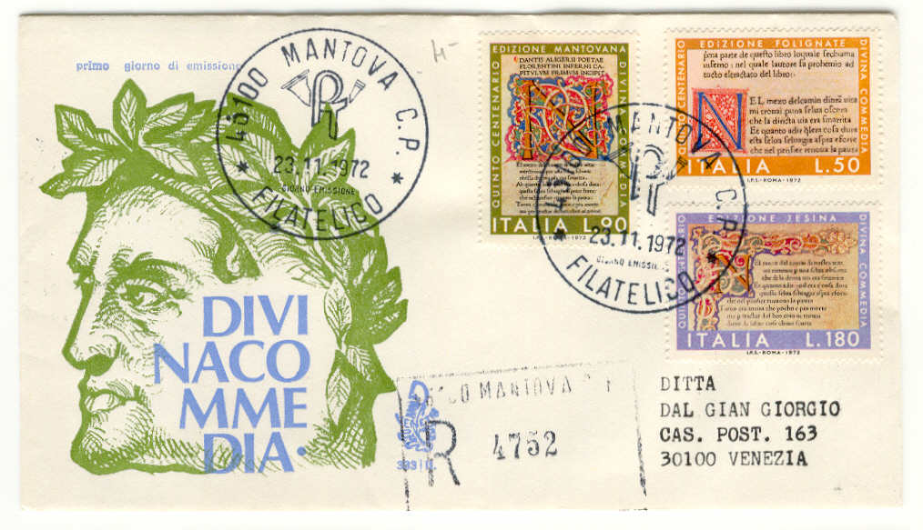 27475 - Italia - busta fdc con serie completa: 5 centenario delle prime tre edizioni della Divina Commedia