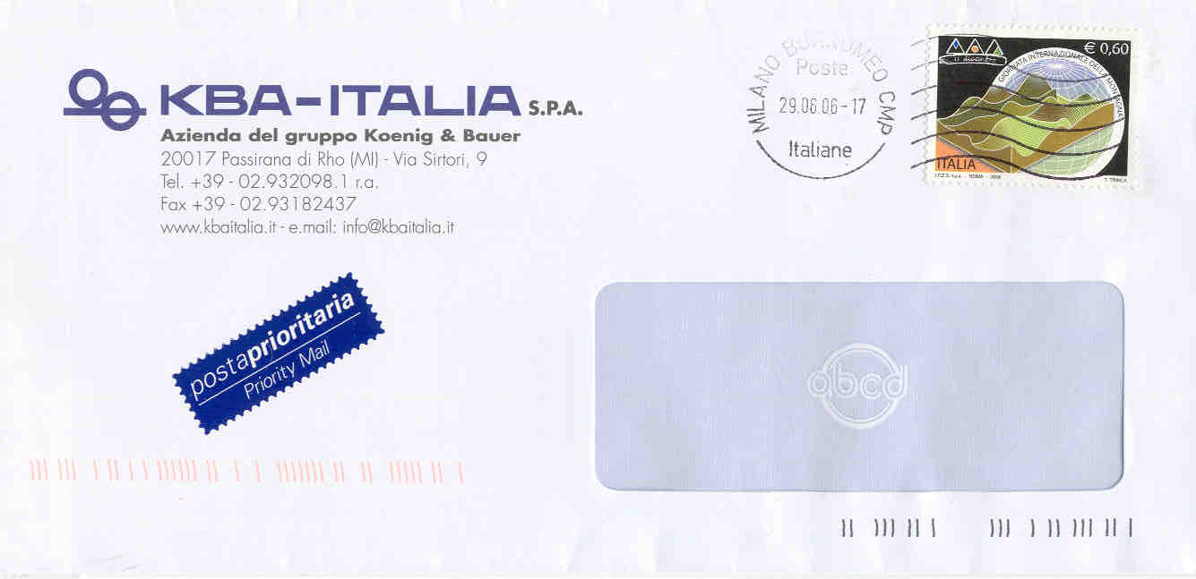 26818 - 2006 Montagna Eur.0.60   su busta Milano 29.06.2006