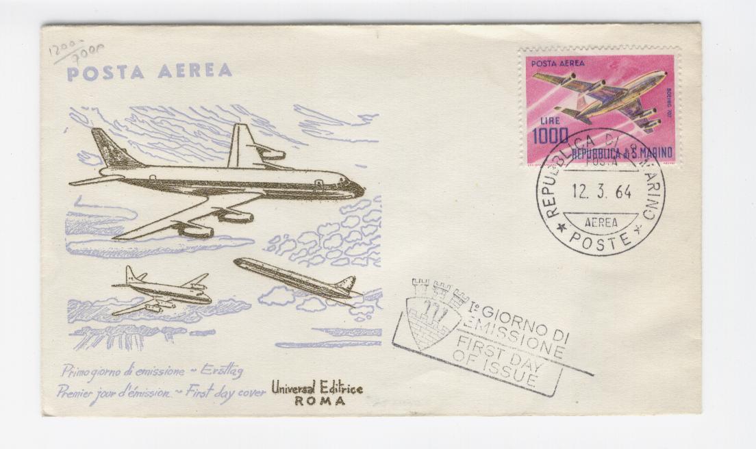 16384 - San Marino - busta fdc con serie completa: Aerei moderni - Boeing 707