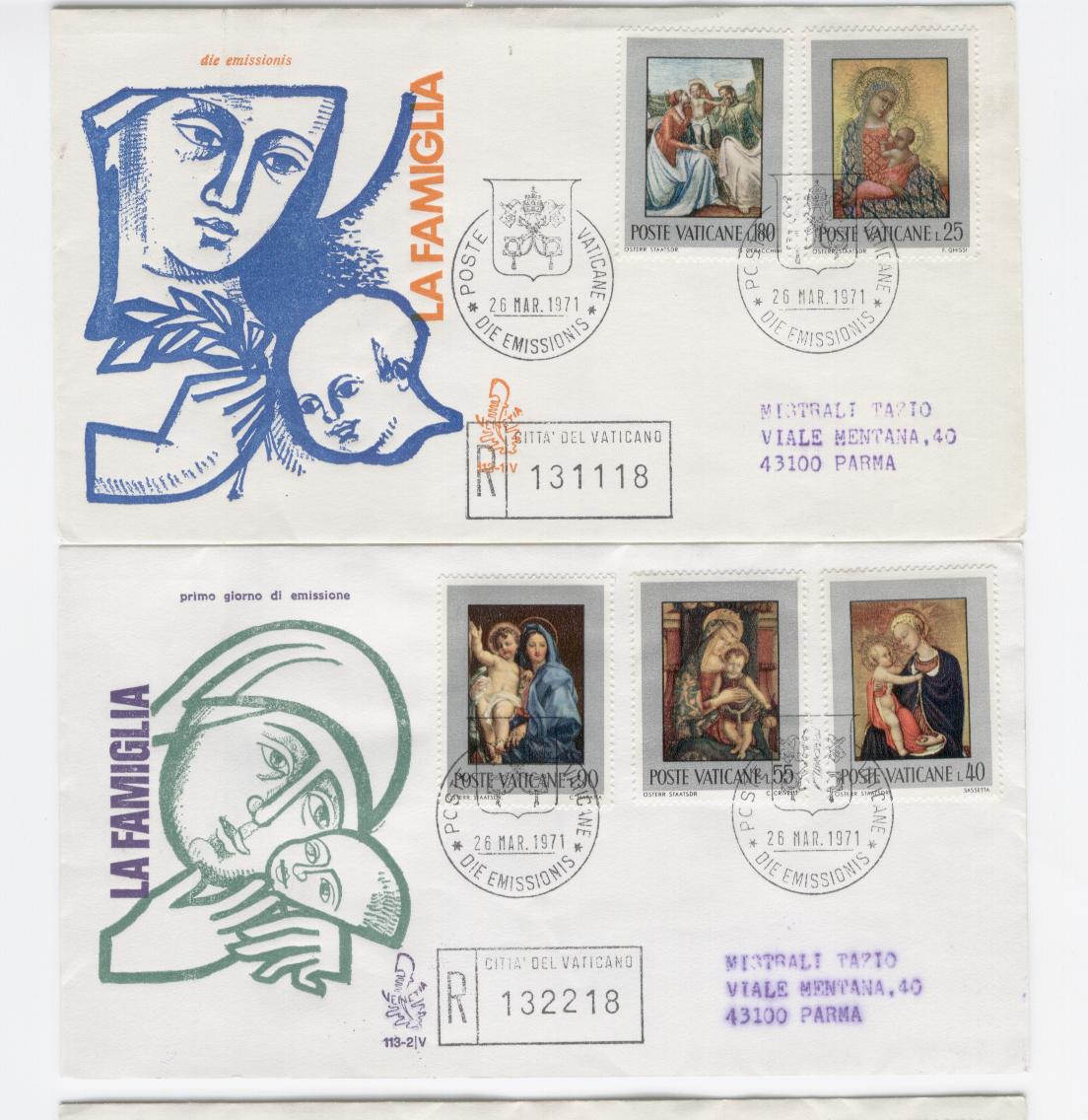 16498 - Vaticano - 2 buste fdc con serie completa: La Sacra Famiglia di autori diversi