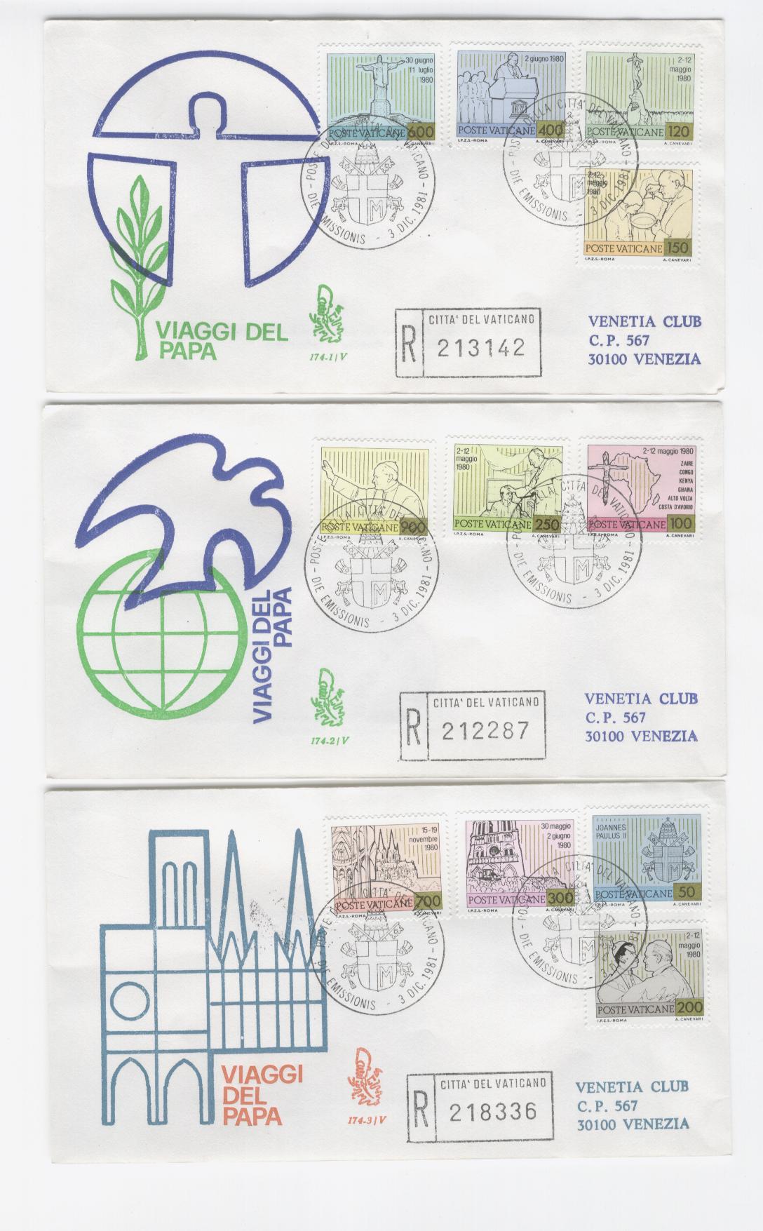 16520 - Vaticano - 3 buste fdc con serie completa: Viaggi di Giovanni Paolo II nel 1980