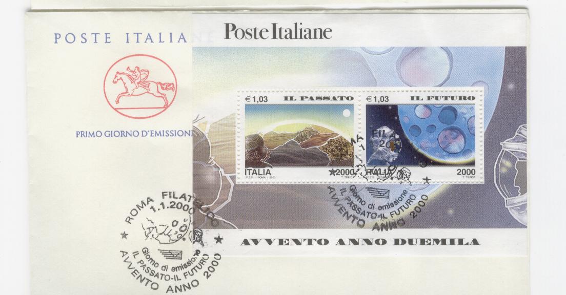 16783 - Italia - busta fdc con serie completa in foglietto: Avvento anno 2000 - Il Passato e il Futuro
