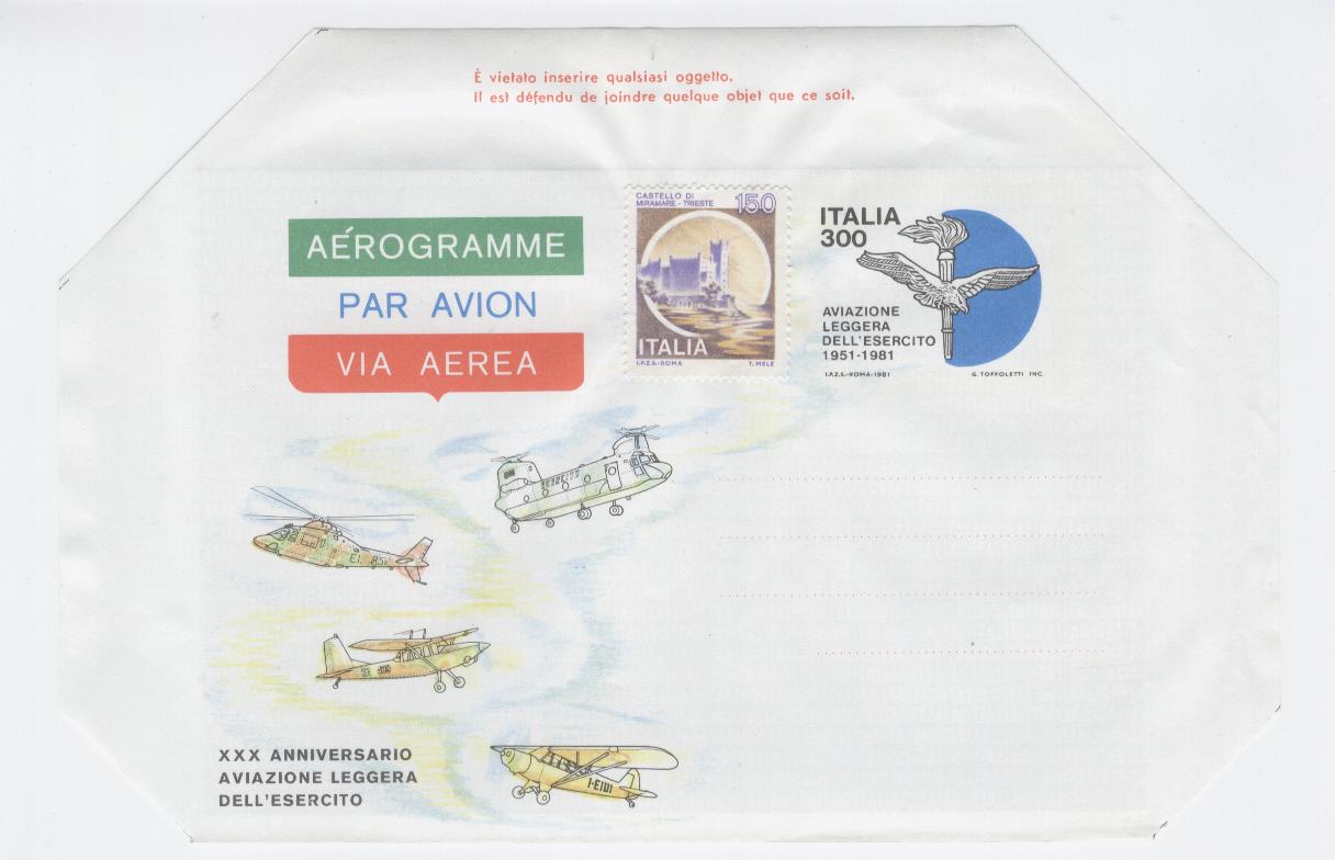 17001 - Italia - aerogramma nuovo: ALE - 30 anniversario aviazione leggera dell esercito + 1 f.bollo aggiun