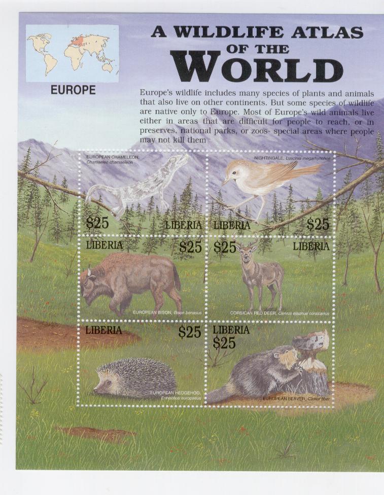 17966 - Liberia - foglietto nuovo:Animali selvatici Europei