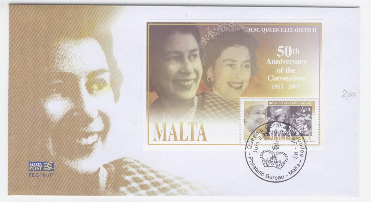 19196 - Malta - busta fdc con foglietto fdc e annullo: 50 anniversario incoronazione Regina Elisabetta II