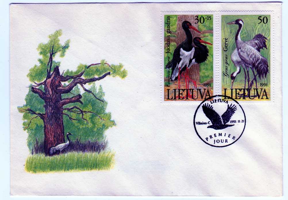 19408 - LITUANIA -1991 - Uccelli - Trampolieri serie cpl. 2v su Busta FDC perfetti