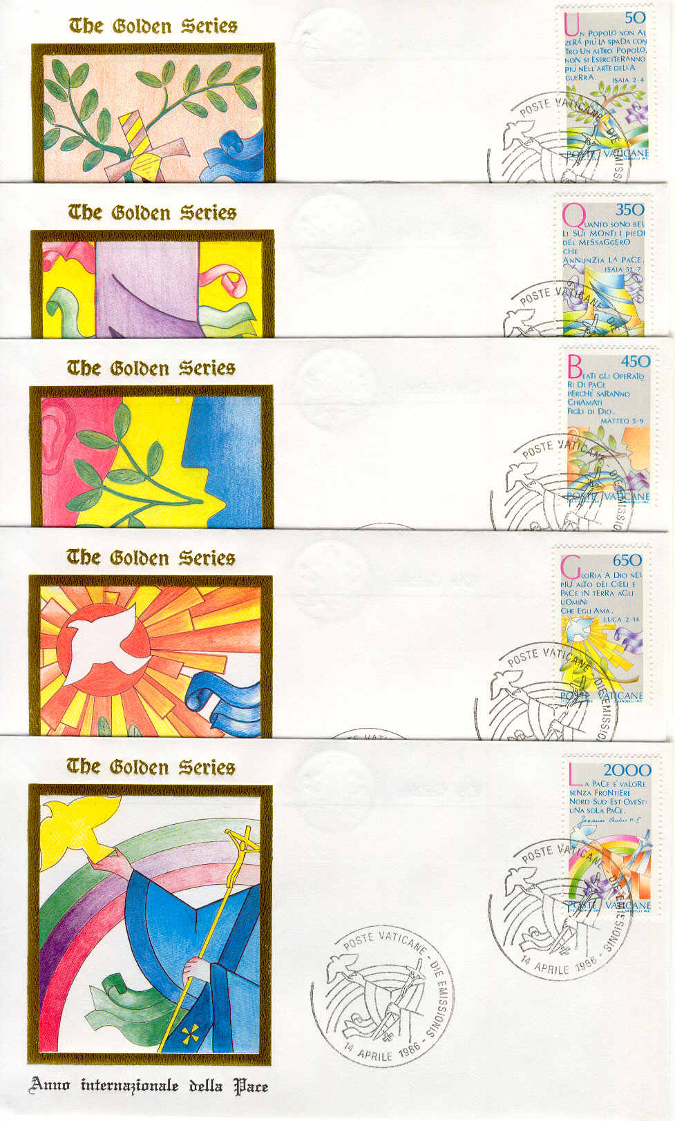 1969 - 14/04/1986 Anno internazionale della Pace: 5 buste FDC Golden Series con annulli speciali