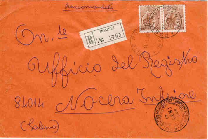 207 - Siracusana L.90x2 su busta raccomandata Pompei 11.1.68