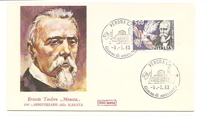 21297 - Italia - busta fdc con serie completa: 150 anniversario della nascita di Ernesto Moneta. Politico e giornalista