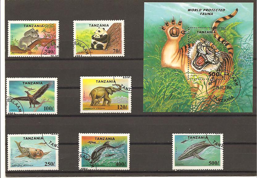 21551 - Tanzania - serie completa usata + foglietto: Animali protetti