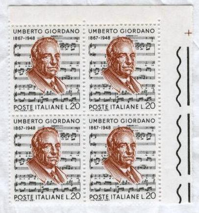 22517 - 1967 giordano L.20 - quartina angolo di foglio - Nuova