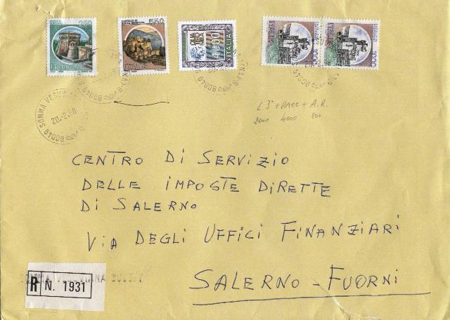 23455 - Cast. L.250 (rotocalco) + L.550 + L.1000x2 + A.V. L.4000 su busta (3 porto) racc. (con AR) Somma Vesuviana 20.2.1998