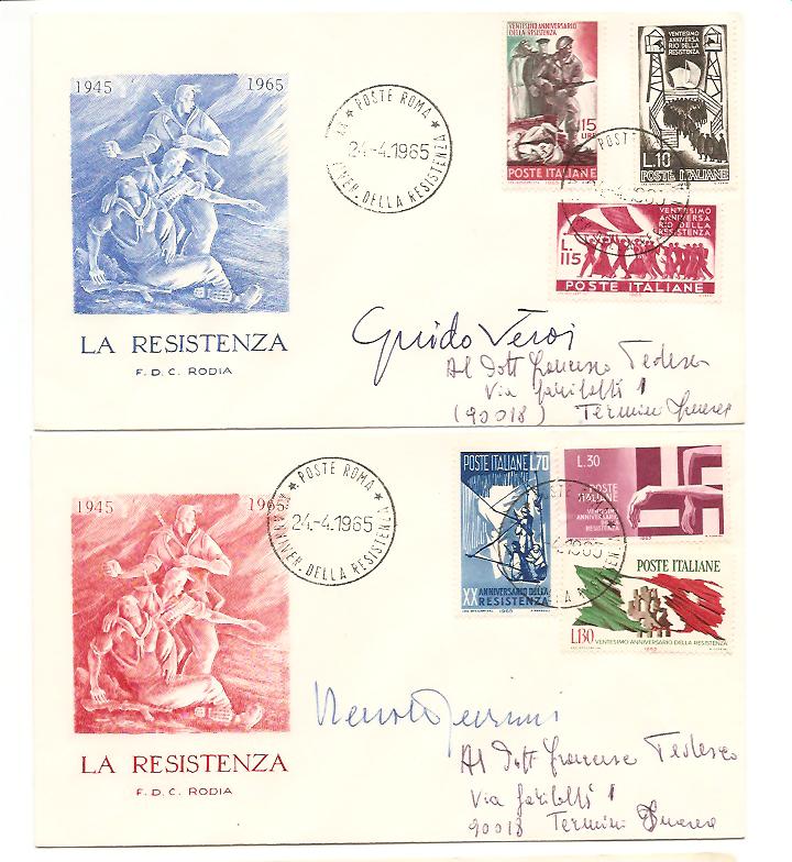 23873 - Italia - 2 buste fdc con serie completa + firme autografe dei due bozzettisti: XX Ann. della Resistenza