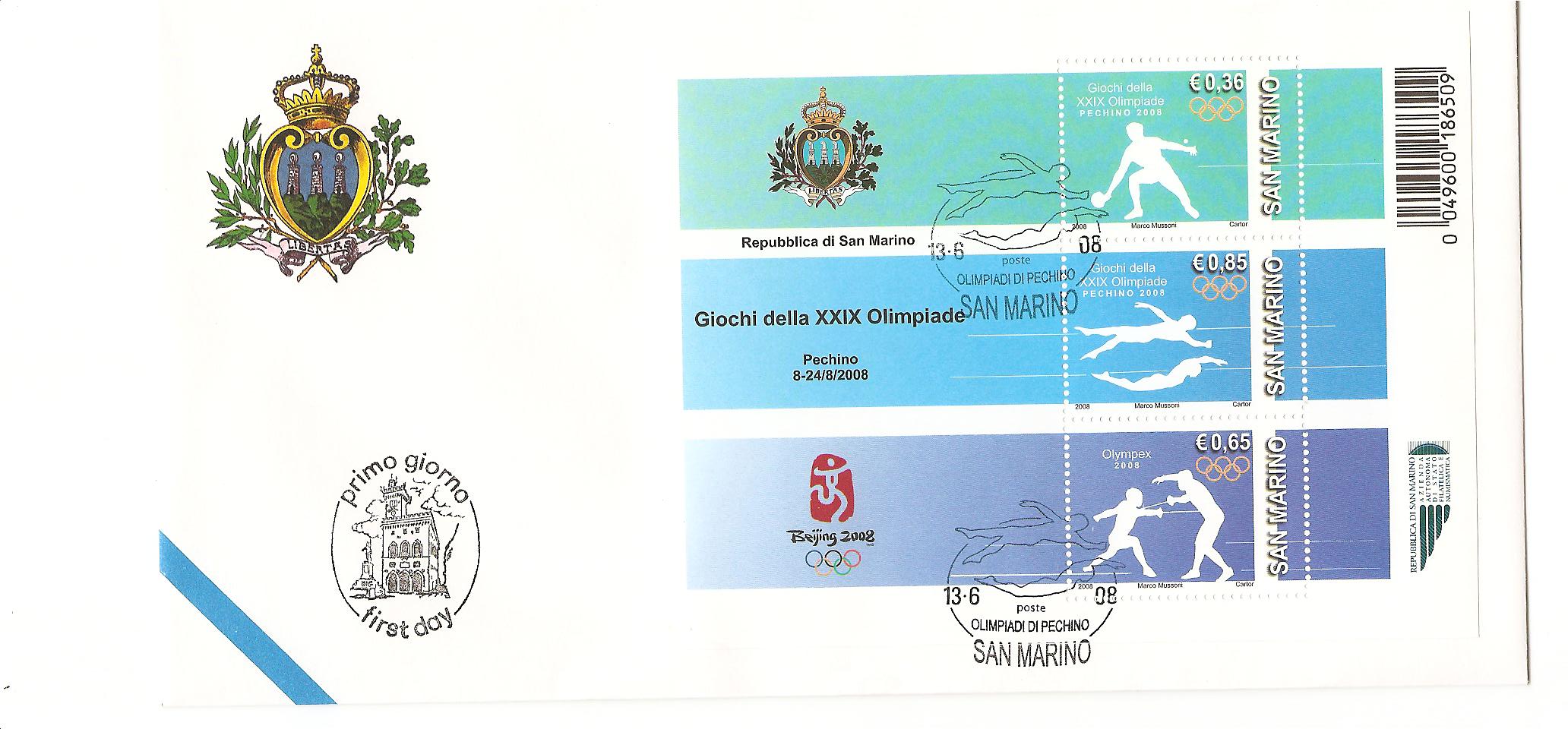 24399 - San Marino - busta fdc con foglietto con annullo speciale: Giochi della XXIX Olimpiade - Pechino 2008