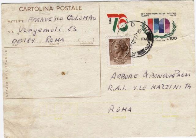 24412 - C.P. Italia 76 L.100 con francobollo aggiunto Roma 15.12.1977