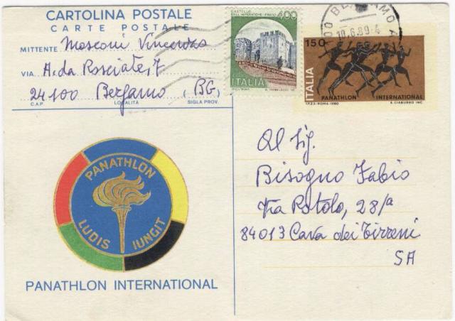 24413 - c.P. Panathlon international L.150 con francobolli aggiunti  Bergamo10.6.1989