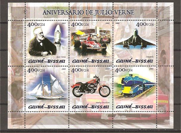 25064 - Guinea Bissau - foglietto nuovo: Anniversario di Julio Verne - con Ferrari e altri mezzi di locomozione