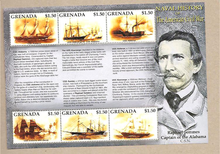 25885 - Grenada - serie completa in foglietto: Navi storiche della Guerra di Seccessione