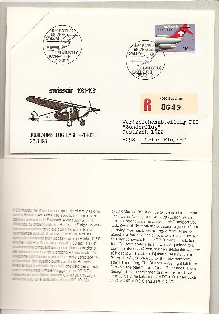 26267 - Svizzera - carnet con 5 buste viaggiate (una per ogni punto cardinale + volo speciale) commemorative del 50 anniversario della Swissair