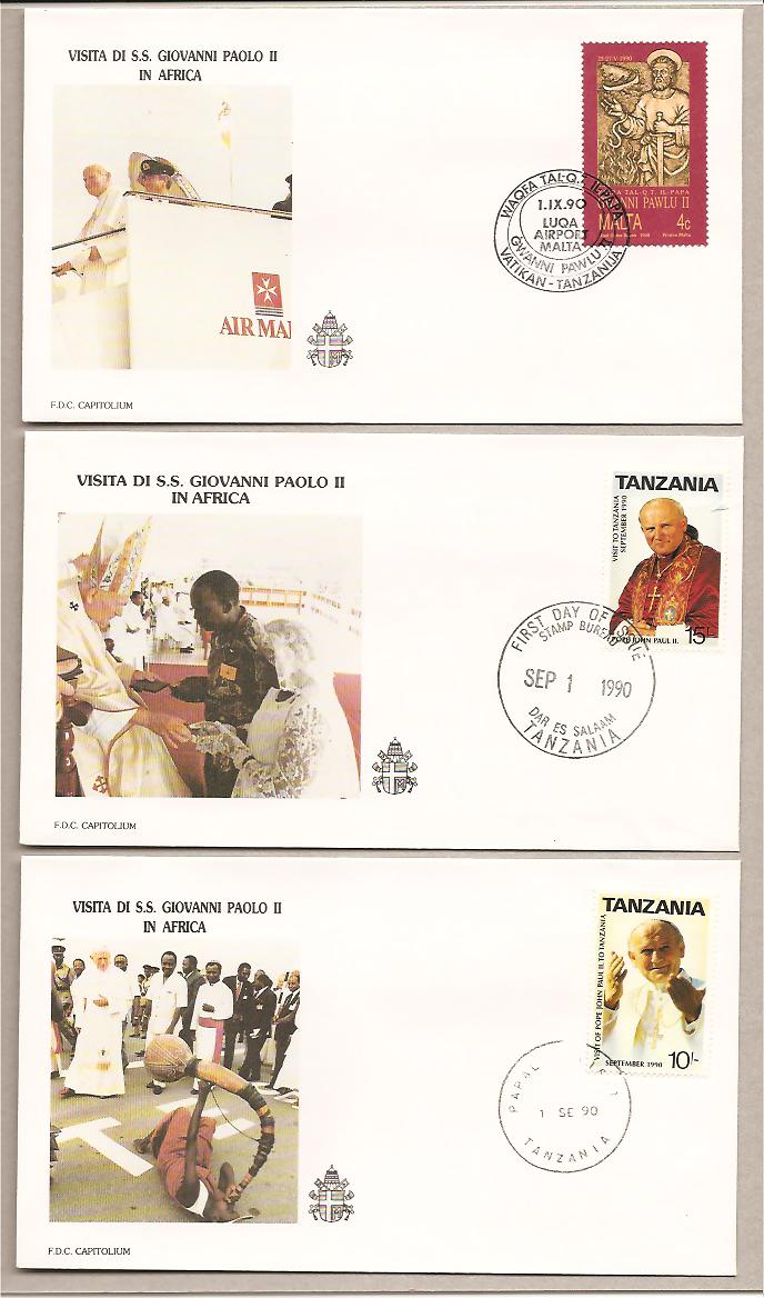 27250 - * 13 buste comm. del Viaggio di S.S. Giovanni Paolo II in Africa + sosta a Malta con annulli speciali - 1990 - non visibile x intero