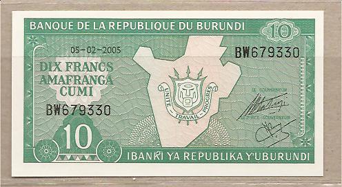 29539 - Burundi - banconota non circolata da 10 Franchi - 2005 -