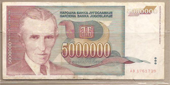 29695 - Yugoslavia - banconota circolata da 5.000.000 Dinari - 1993