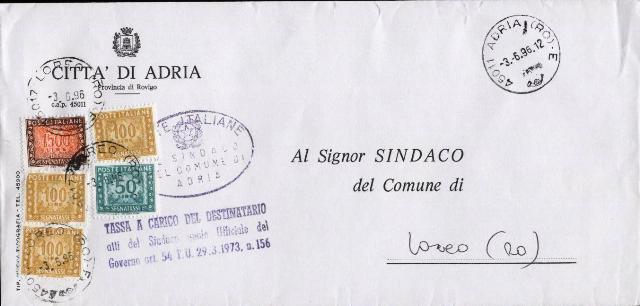 31068 - Segantasse L.50 + L.100x3 + L.1500 busta (tassa a carico) Loreo 3.6.1996