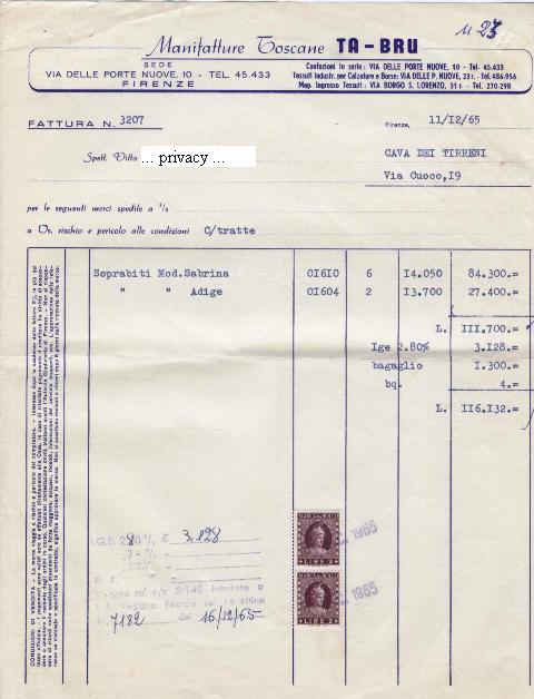 31085 - L.2 + L.2 su fattura commerciale 11.12.1965