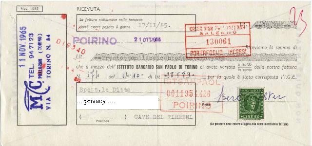 31087 - L.50 su ricevuta di pagamento in banca 17.11.1965