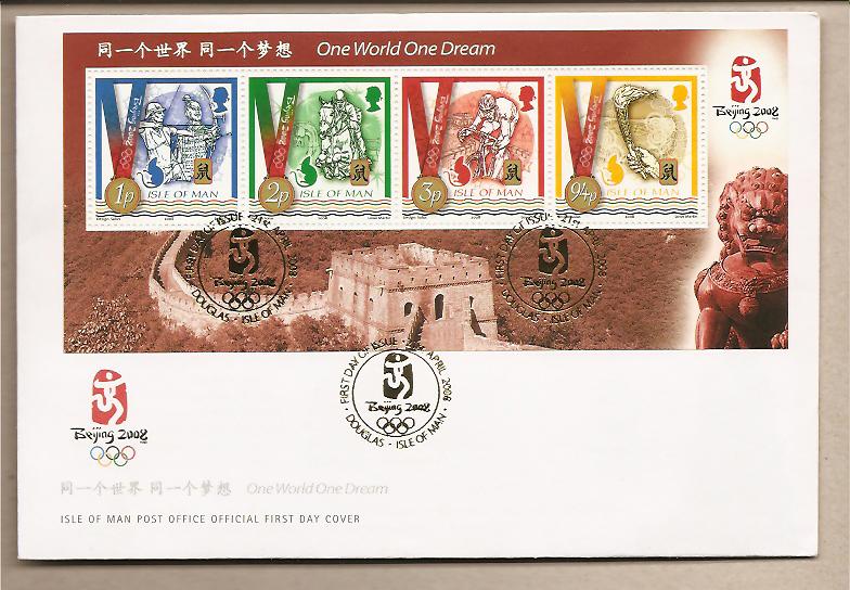 31658 - Isola di Man - busta FDC con foglietto ed annullo speciale: Olimpiadi di Pechino 2008