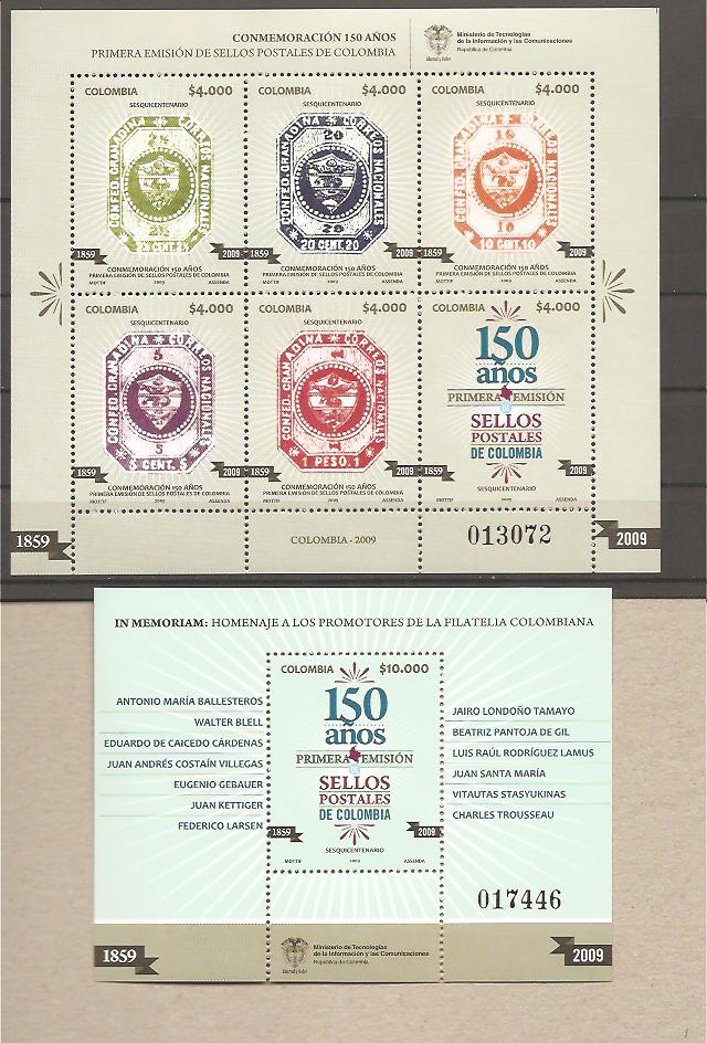 32727 - Colombia - 2 BF nuovi: 150° anniversario dei primi francobolli Colombiani - 2009