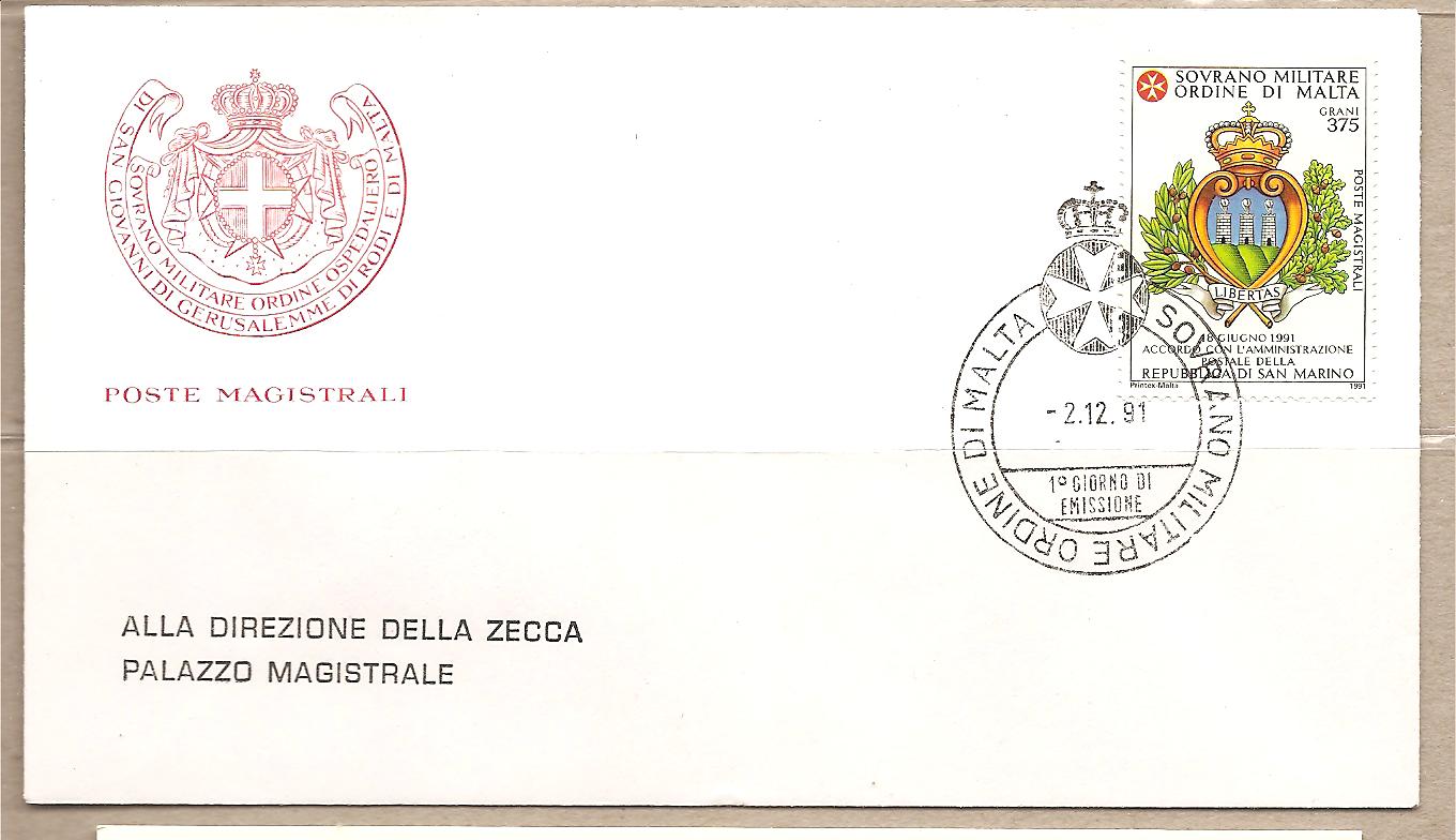 41305 - SMOM - busta FDC con serie completa: Convenzione postale con San Marino - 1991