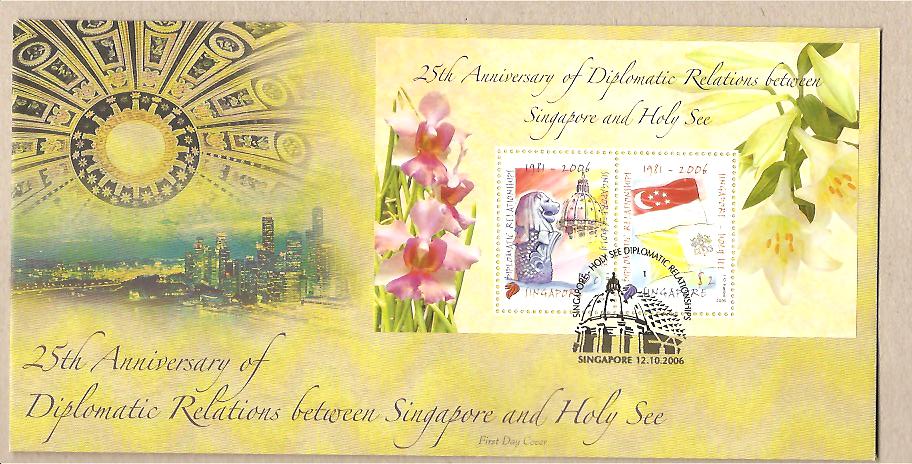 34325 - Singapore - busta FDC con foglietto: 25 anniversario delle relazioni diplomatiche con il Vaticano - 2006