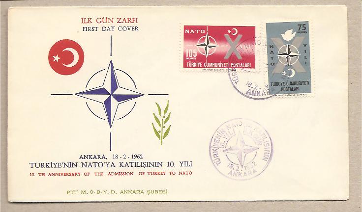 34548 - Turchia - busta FDC con serie completa: 10 anniversario dell ingresso turco nella NATO - 1962