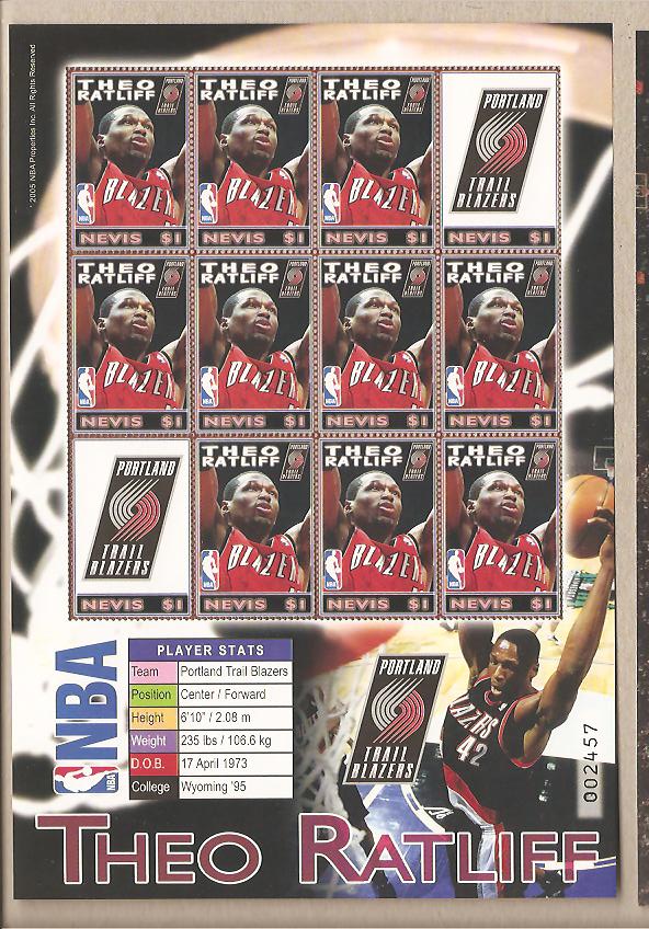 34612 - Nevis - foglietto nuovo: Stelle della NBA: Theo Ratliff - 2005