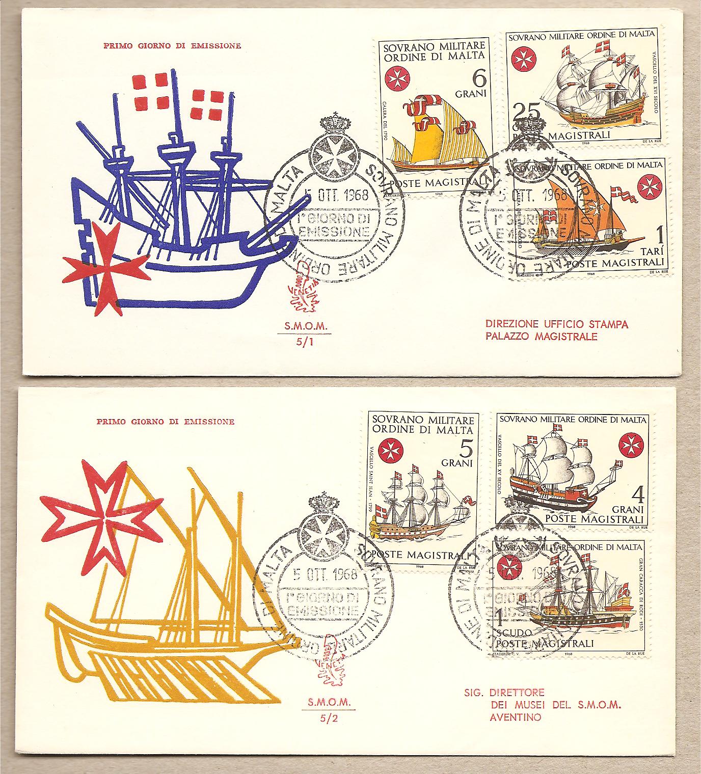 34803 - SMOM - 2 buste FDC con serie completa: Antiche Navi dell Ordine - 1968 - Venetia