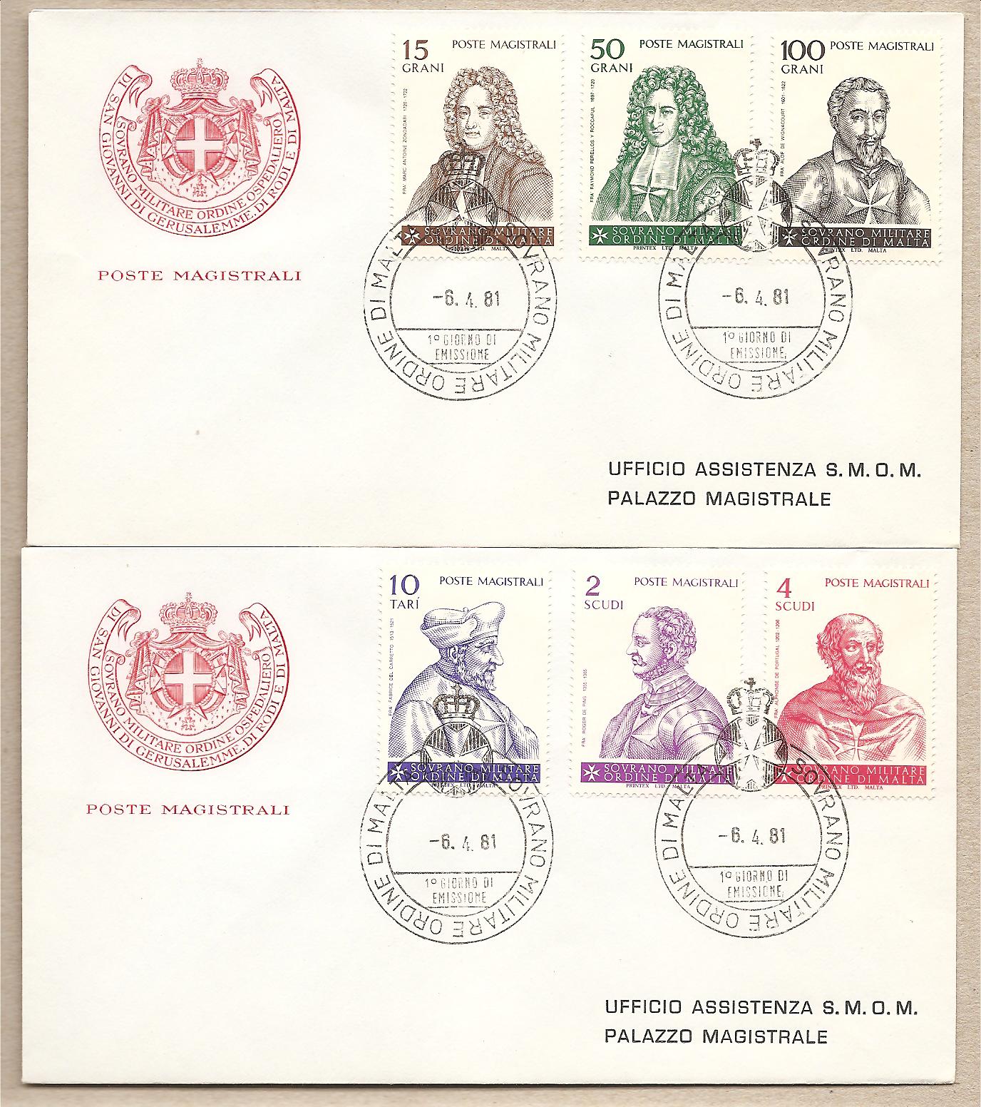 34848 - SMOM - 2 buste FDC con serie completa: Grandi Maestri dell Ordine. 4 serie - 1981