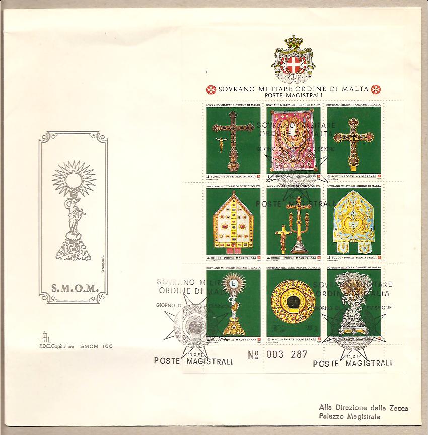 35340 - SMOM - busta FDC con foglietto ed annullo speciale: Arredi Sacri dell Ordine - 1991