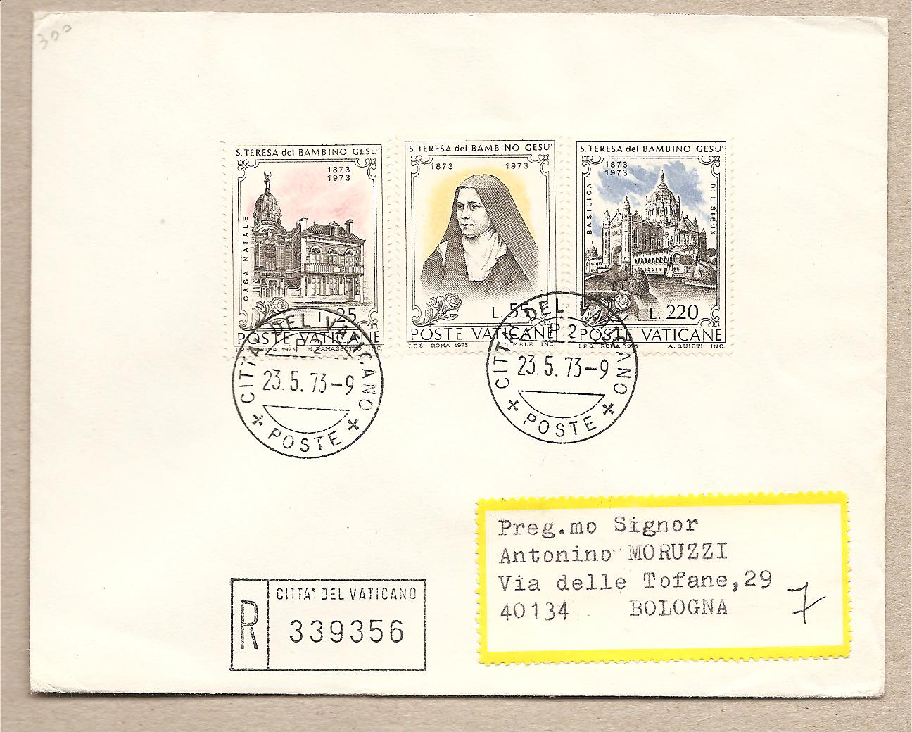 35355 - Vaticano - busta viaggiata FDC con serie completa: Centenario della nascita di Santa Teresa del Bambino Ges - 1973