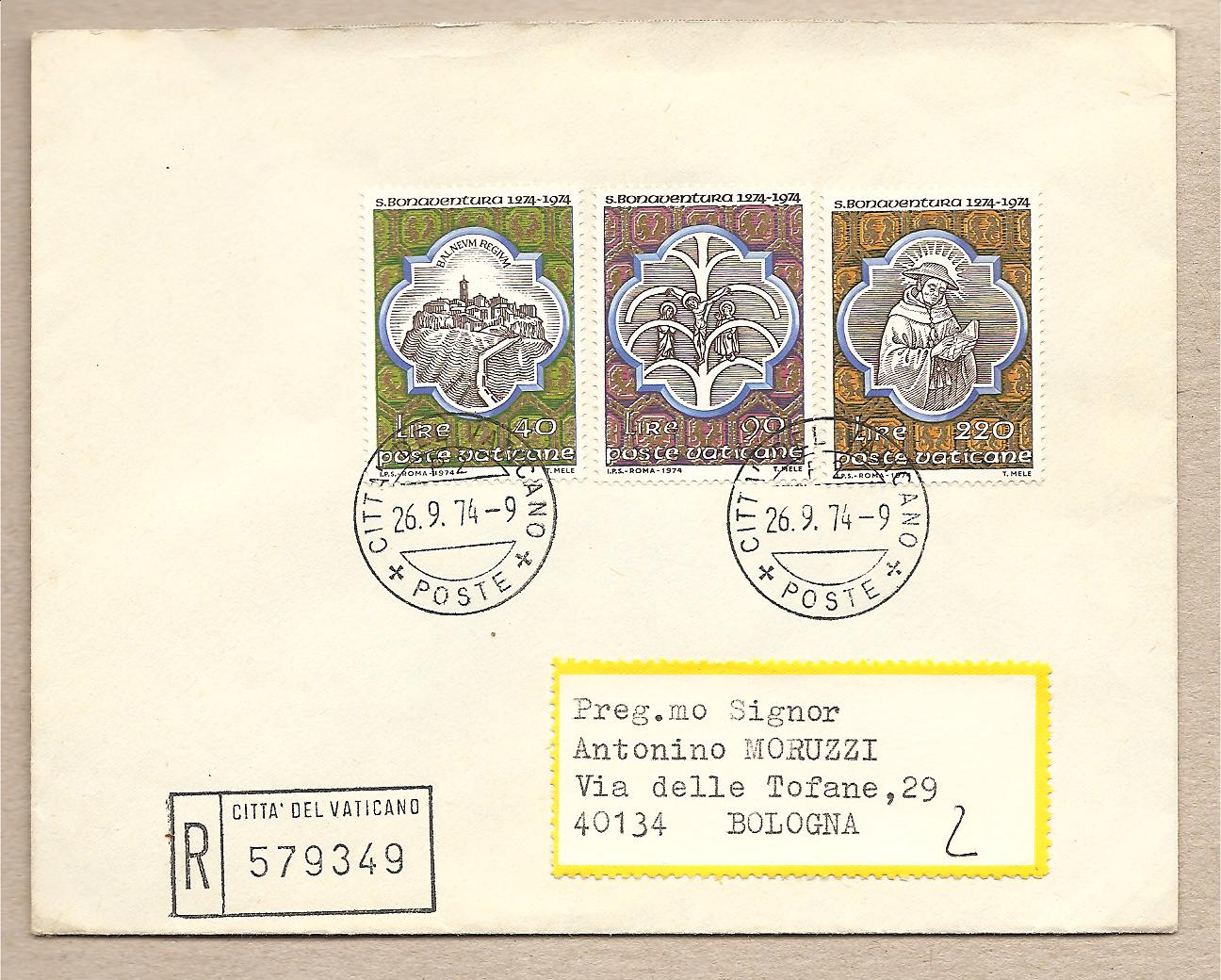 35366 - Vaticano - busta viaggiata raccomandata FDC con serie completa: 7 centenario della morte di San Bonaventura - 1974