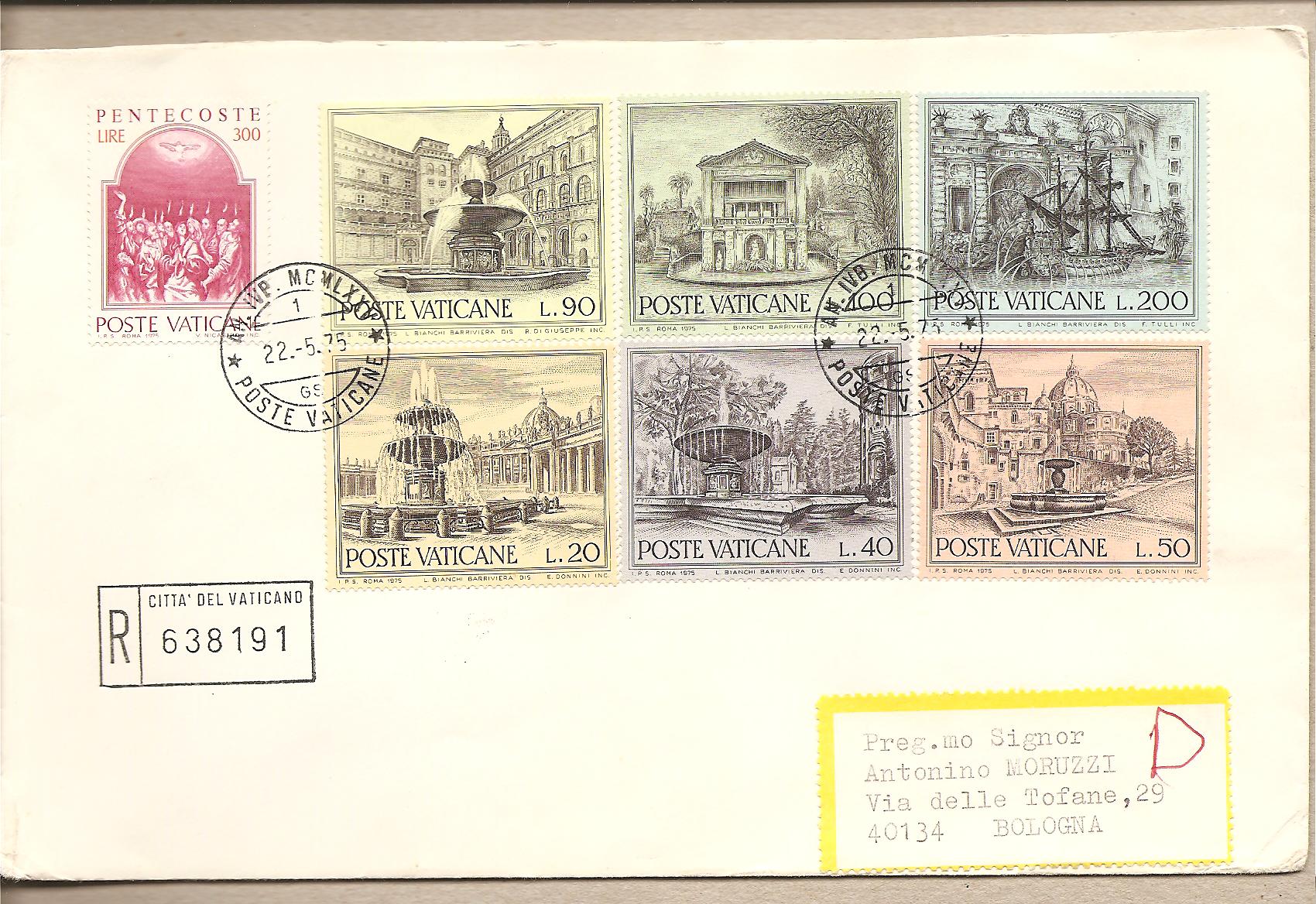 35371 - Vaticano - busta viaggiata raccomandata FDC con 2 serie complete: Anno Europeo del patrimonia architettonico + Pentecoste - 1975