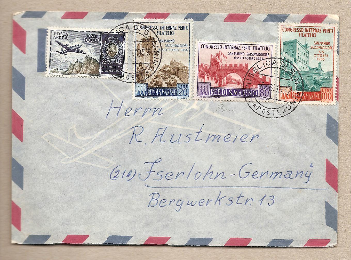 35462 - San Marino - busta viaggiata per la Germania con serie completa: Congresso Periti Filatelici 1956 + Aereo e Stemma  1954