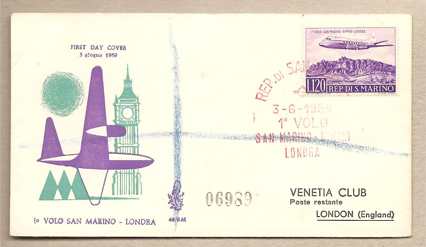35513 - San Marino - busta FDC Venetia con serie completa: 1 volo San Marino-Rimini-Londra - 1959
