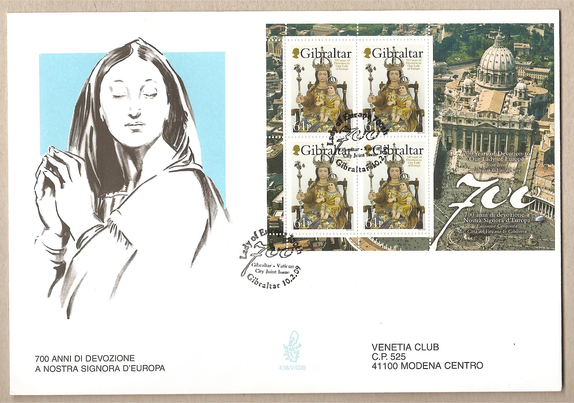35904 - Gibilterra - busta FDC Venetia con foglietto: Emissione congiunta con il Vaticano:Nostra Signora d Europa - 2009