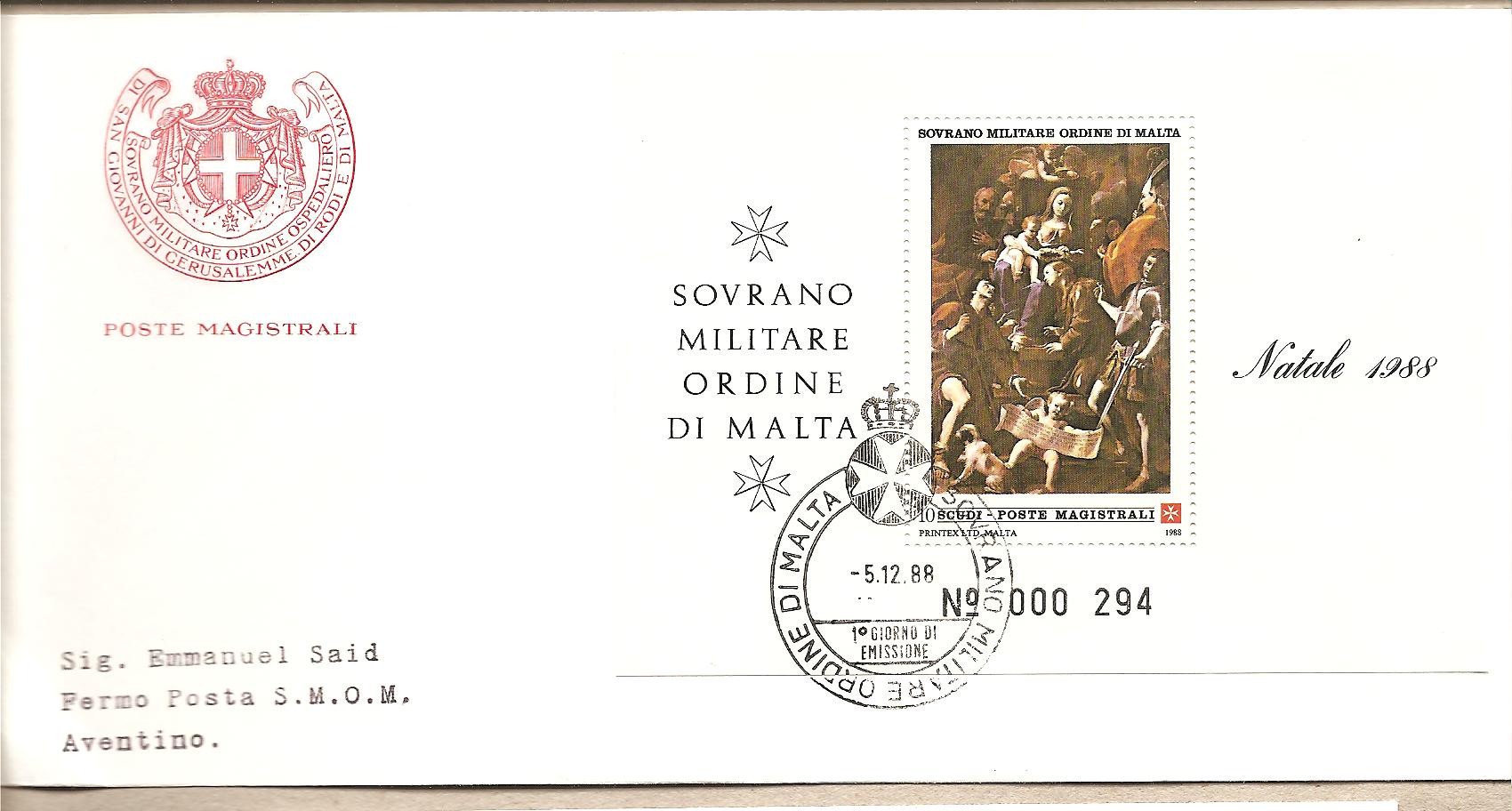 37415 - SMOM - busta FDC con foglietto: Natale 1988