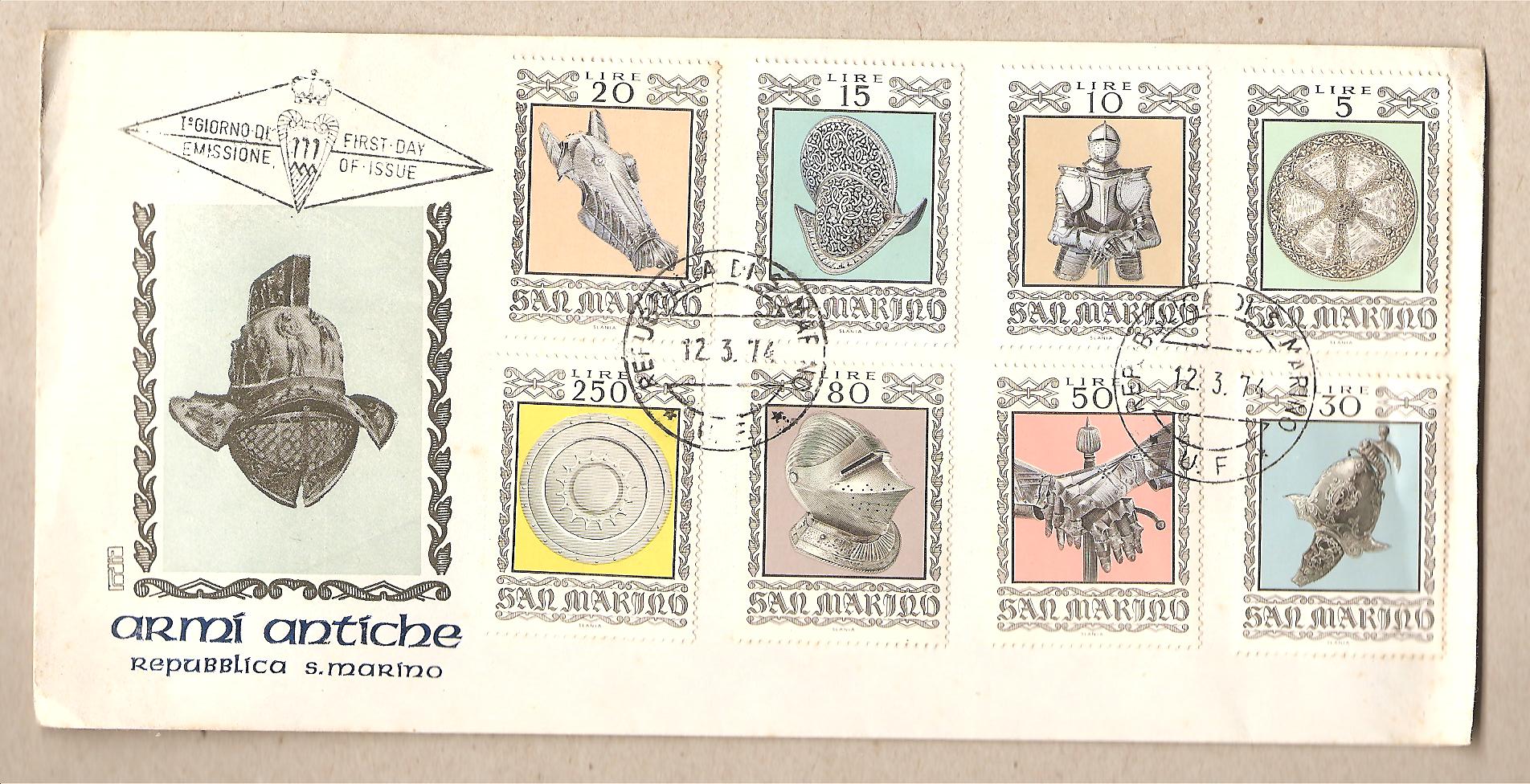 37485 - San Marino - busta con serie completa FDC: Armature e armi antiche - 1974