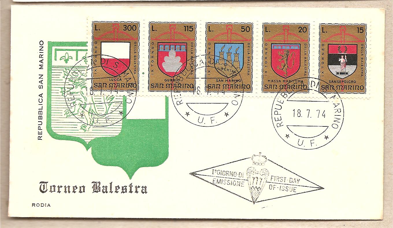 37488 - San Marino - busta con serie completa FDC: 9 torneo della balestra. Stemmi - 1974